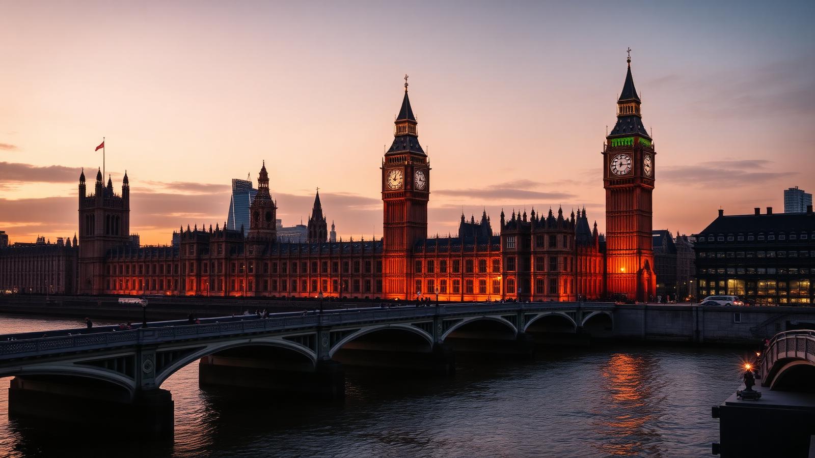 Big Ben and the Houses of Parliament over Westminster Bridge at golden hour, London