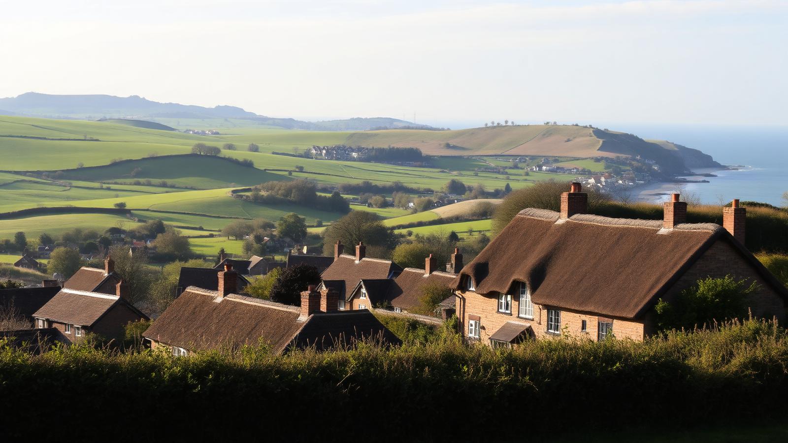 Thatched flint-and-brick West Sussex village on the South Downs meeting the English Channel