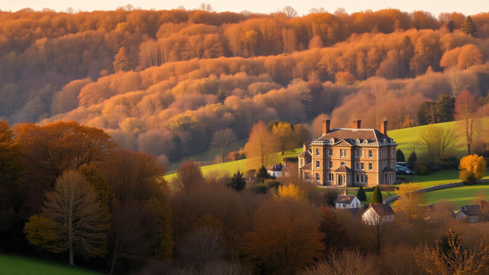Georgian manor house in the autumn Chiltern Hills with beech woodland, Buckinghamshire