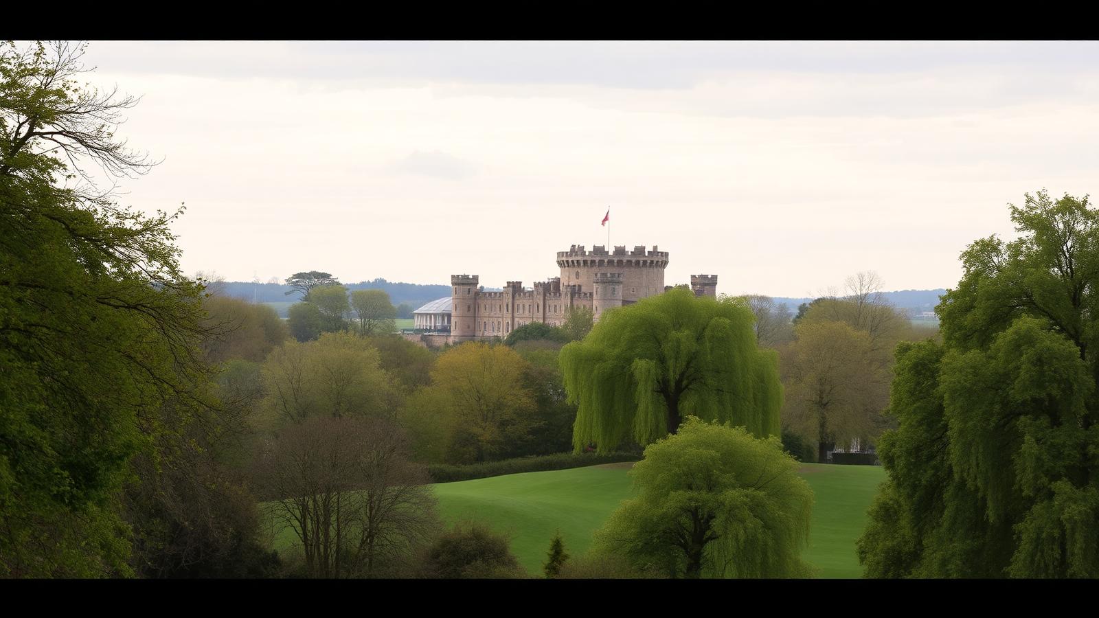 Windsor Castle round tower above the River Thames and parkland, Berkshire