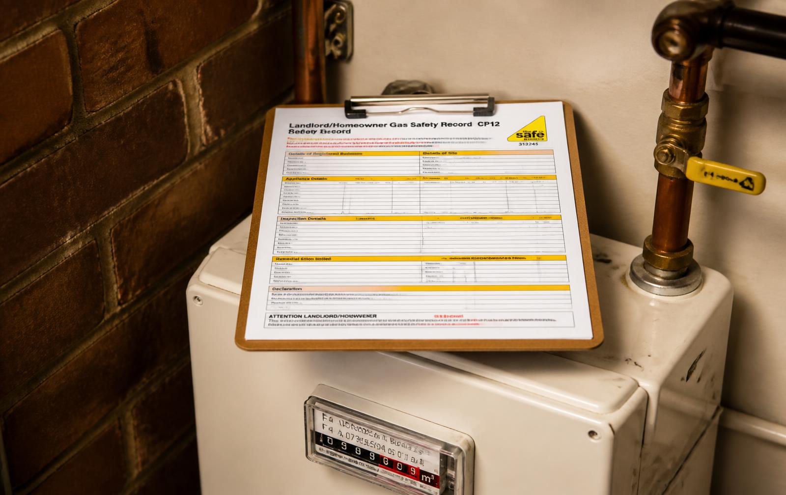 Landlord CP12 gas safety record on a clipboard beside a domestic gas meter