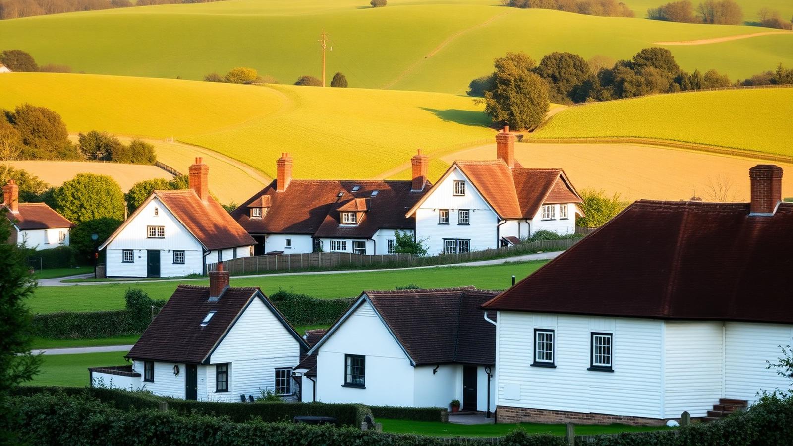 Traditional Kent oast houses and rolling Wealden hills in the English countryside