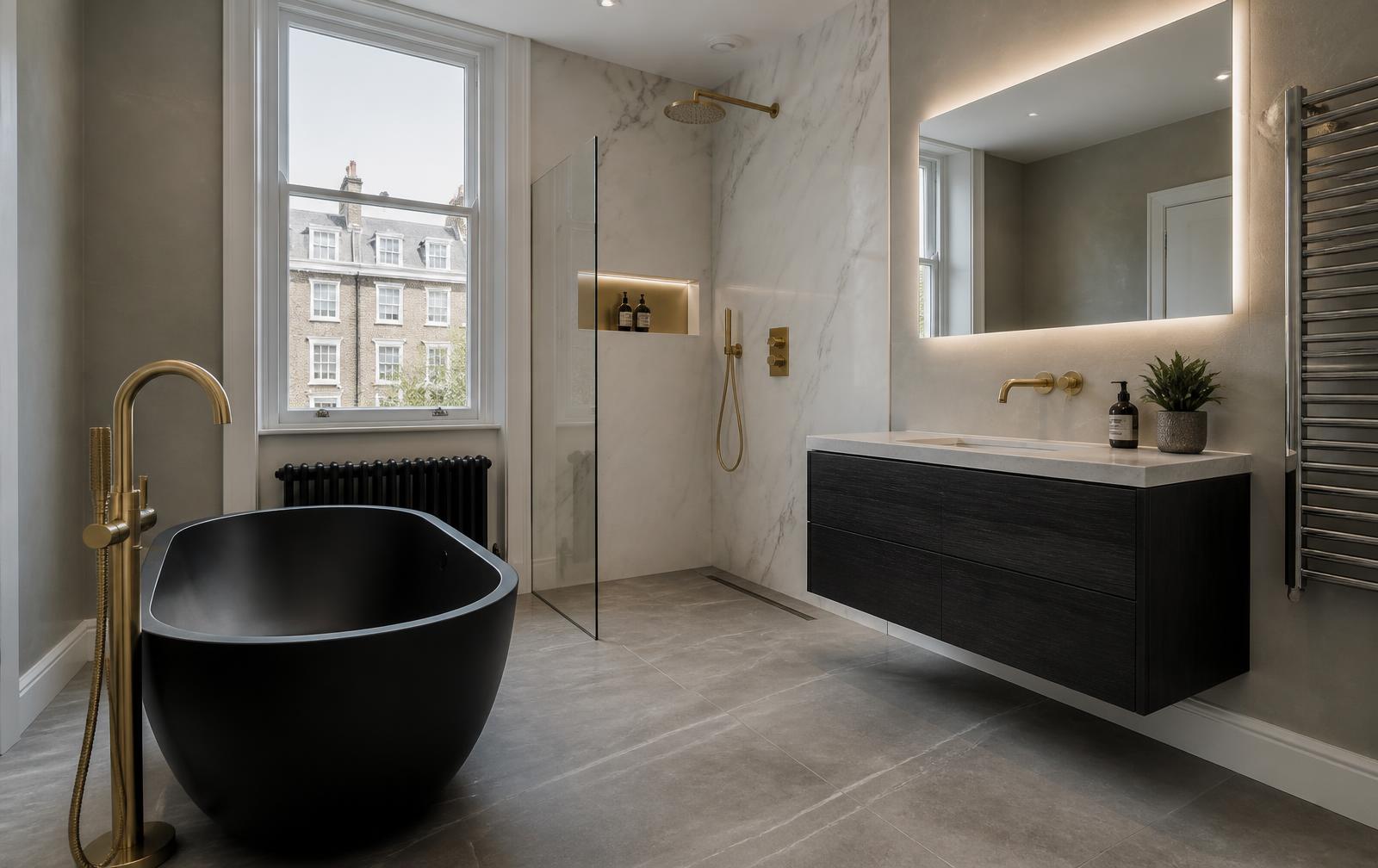 Modern London bathroom refurbishment with walk-in shower and freestanding bath