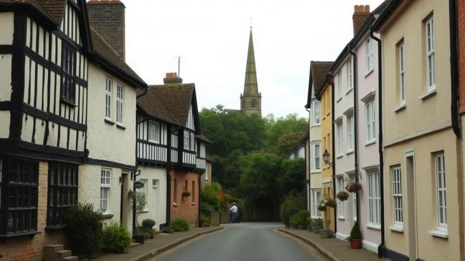 Historic Tudor timber-framed cottages on a quiet Essex village high street with a church spire