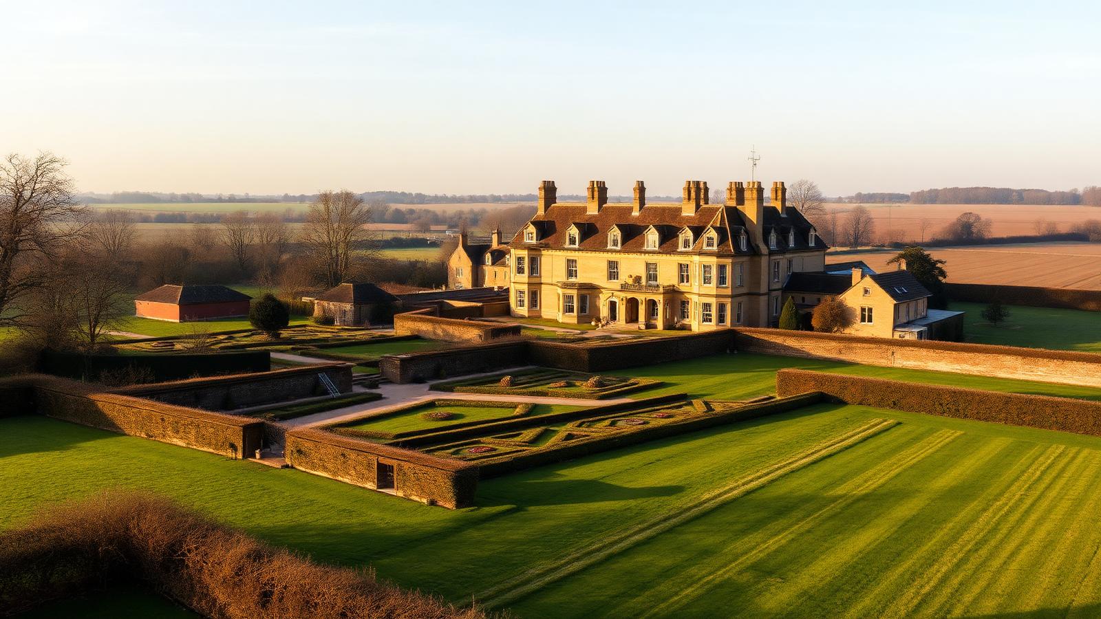 Grand honey-coloured Bedfordshire country manor with formal gardens and open farmland