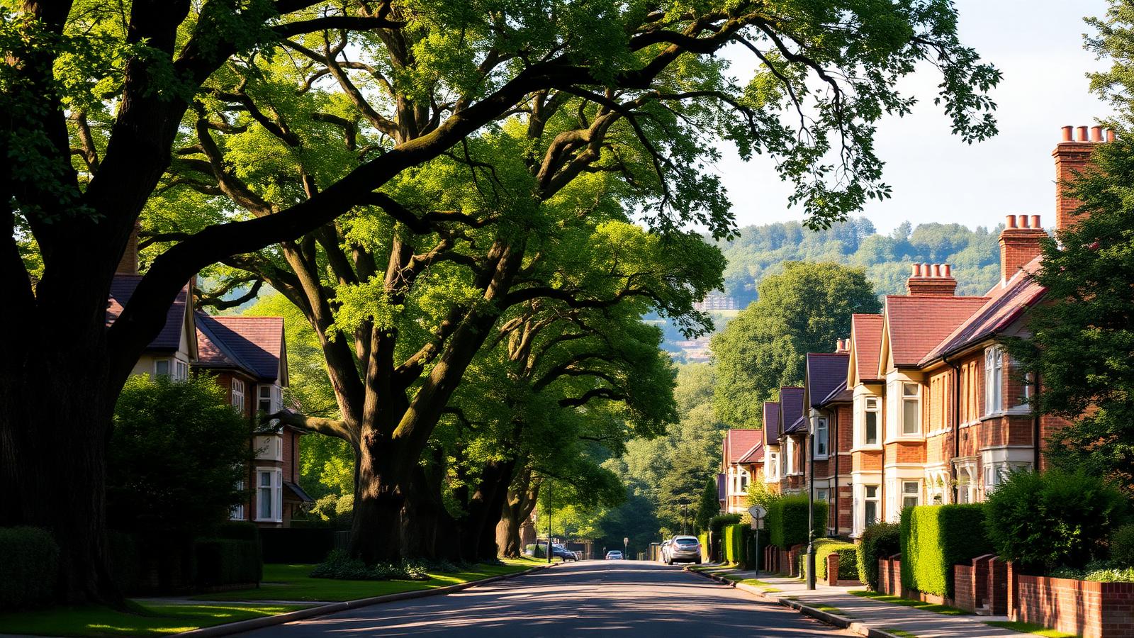 Leafy tree-lined Surrey suburban street of red-brick and mock-Tudor family homes