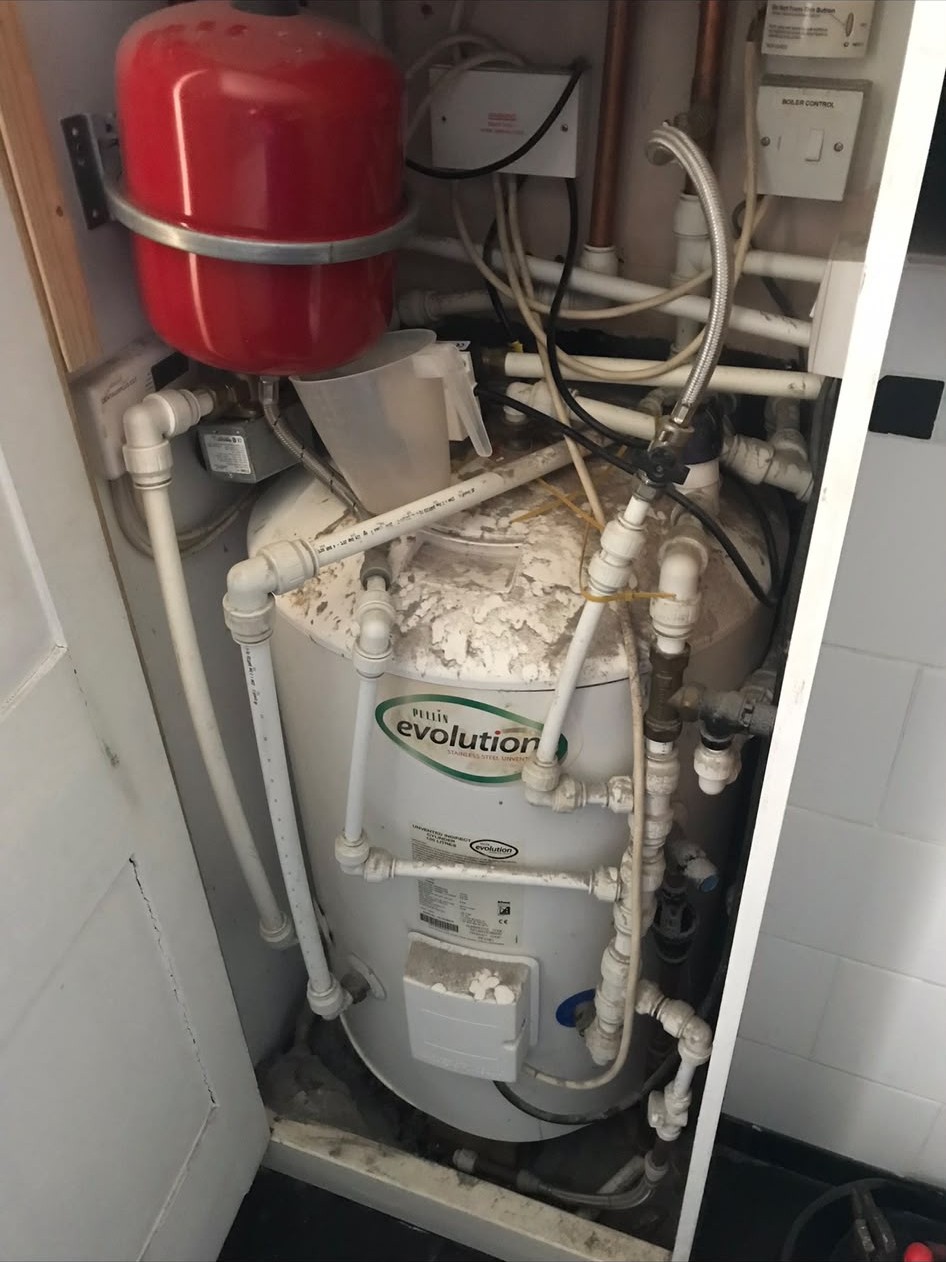 Second view of an unsafe unvented cylinder installation surveyed in London