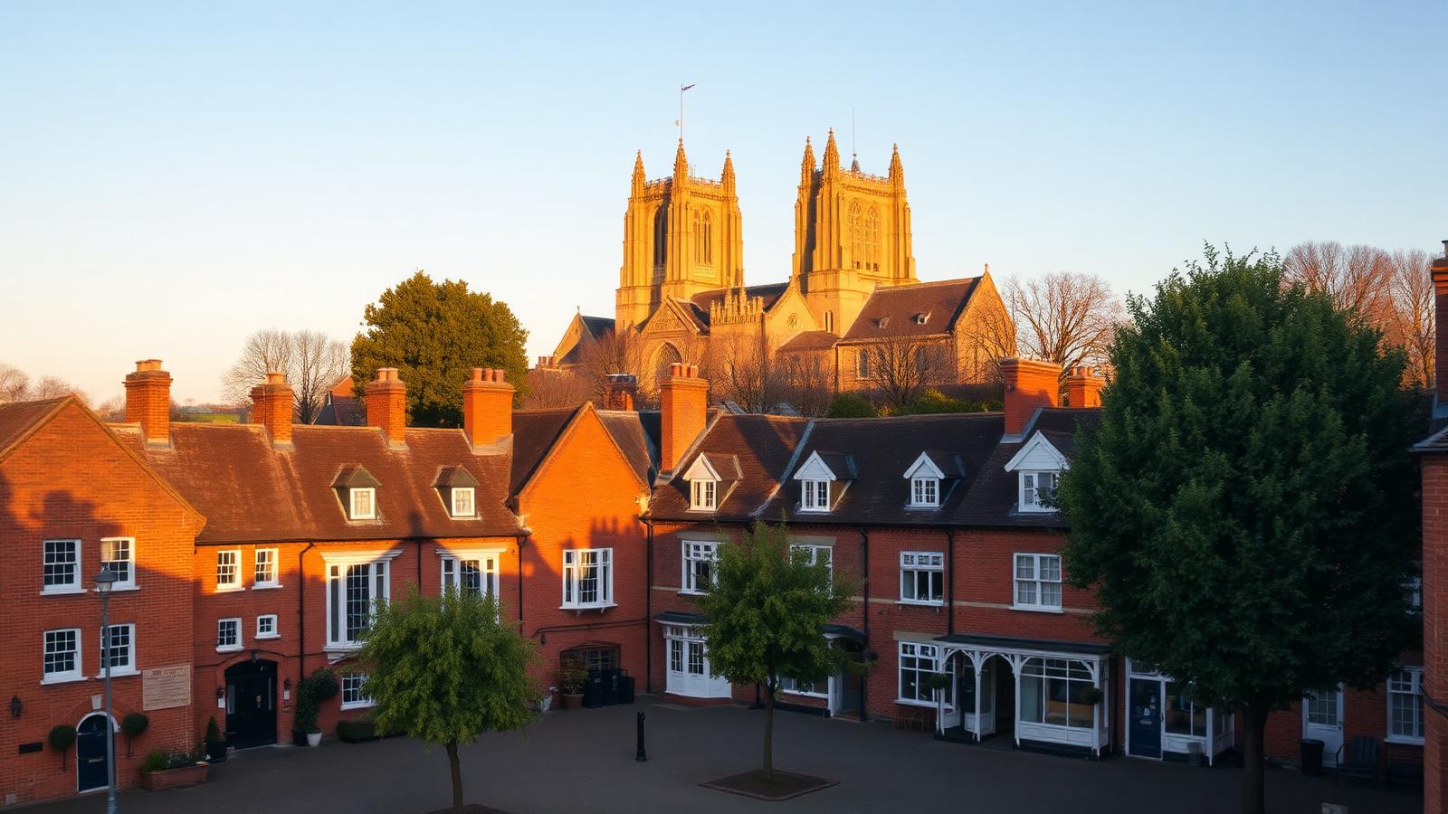 St Albans Cathedral rising above a traditional Hertfordshire market town at golden hour
