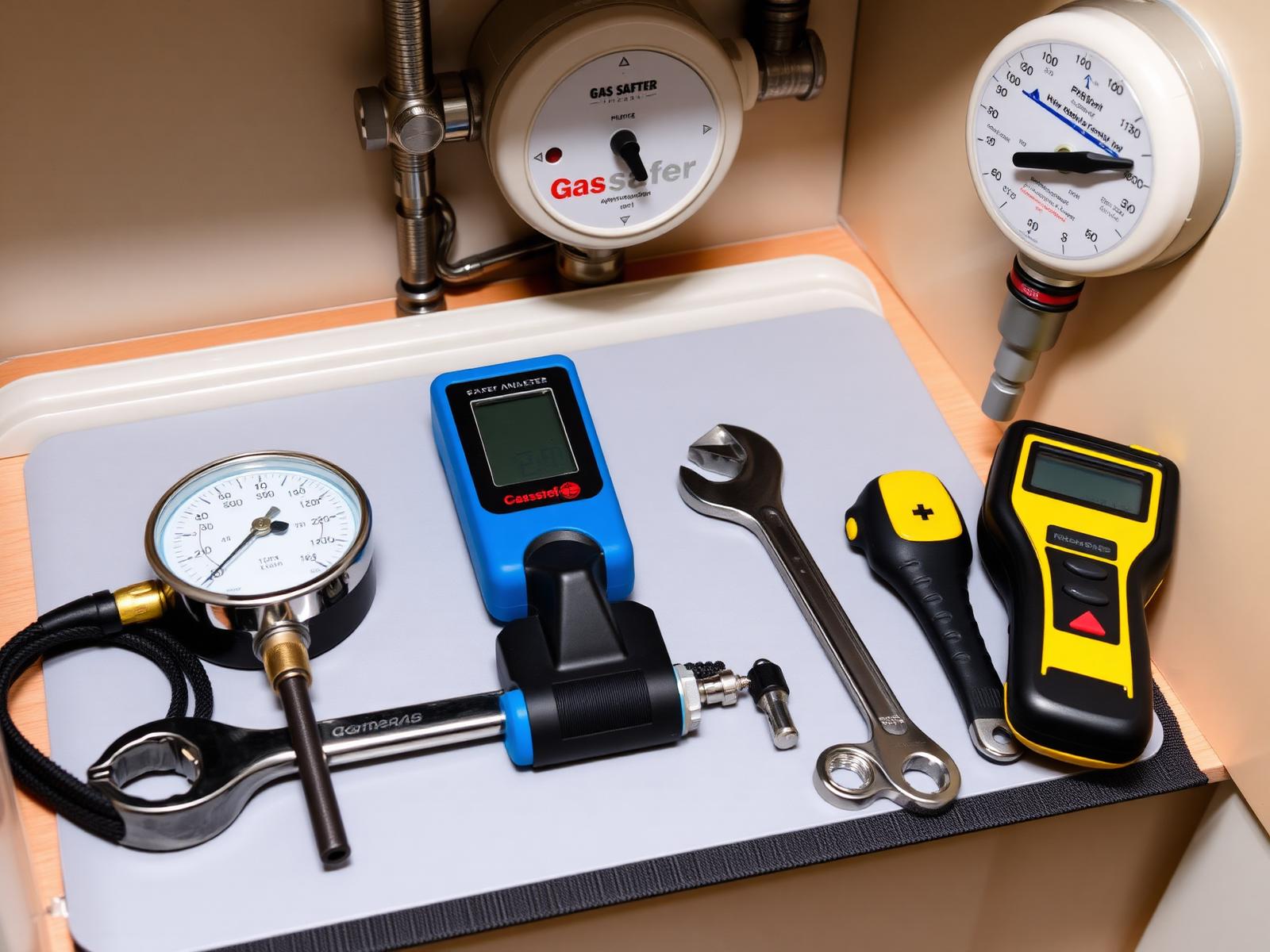 Gas Safe engineer tool kit with digital manometer, analyser and leak detector next to a London domestic gas meter