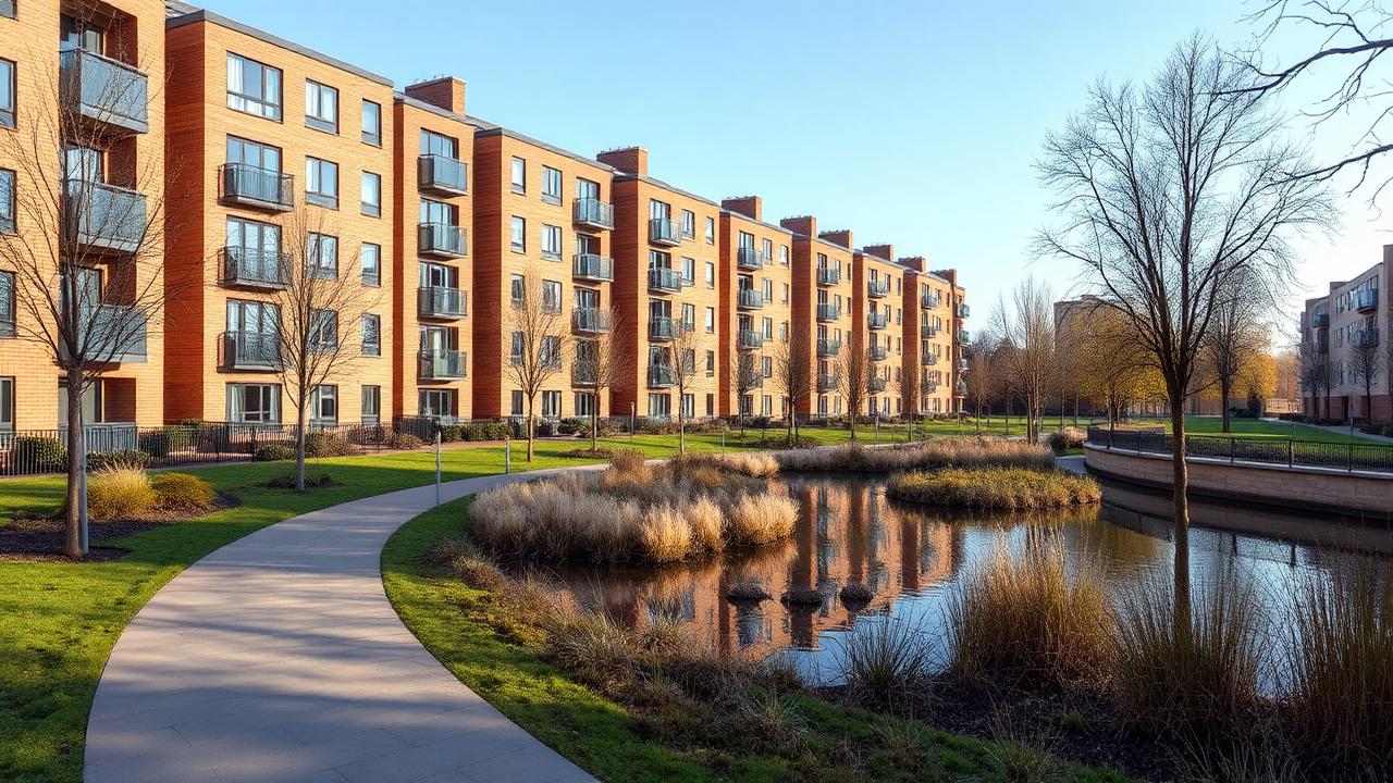 Modern apartment blocks and landscaped green space at Kidbrooke, South East London