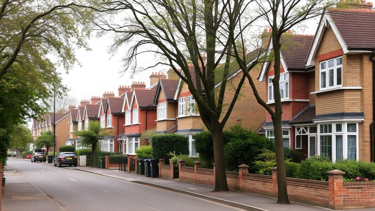 Inter-war cottage-estate housing on a leafy residential road in Mottingham, SE9