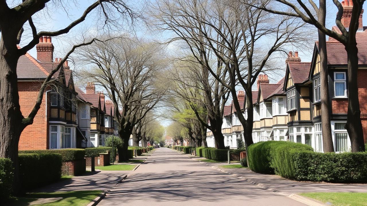 Mock-Tudor 1930s suburban houses on a residential avenue in Sidcup, Kent border
