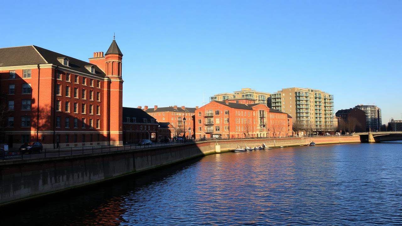 Riverside apartment buildings and historic brick architecture at Woolwich, SE18